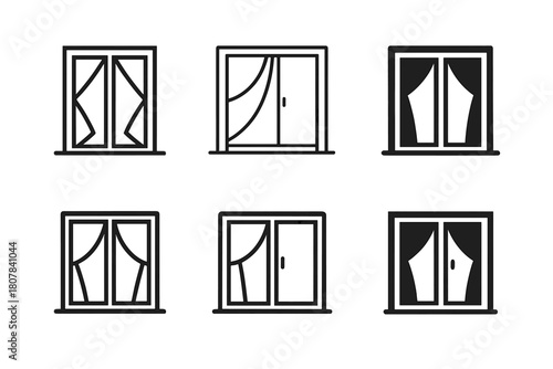 Sliding Doors Icons. Sliding doors. Icon set. Set Logo of sliding doors: balcony slider with sheer curtain. harmonious logo variations of the same emblematic