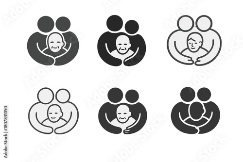 Family Care Logo Variations. elderly care within the family unit. Icon set. Set Logo of elderly care within the family unit: warm family embrace. harmonious