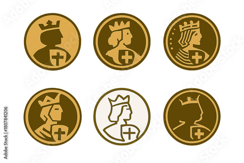 Antique Coin Logos. Starting a Collection of Antique Coins. Icon set. Set Logo of Antique Coin Collecting: treasure chest of coins. harmonious logo variations