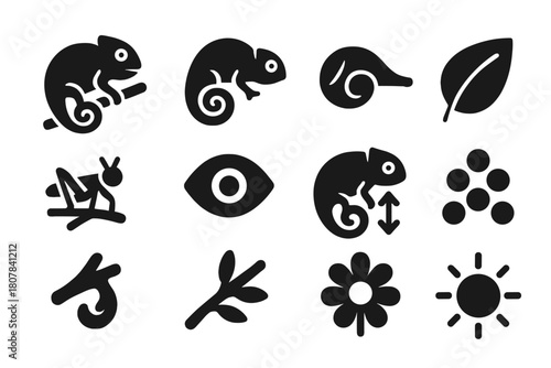 Chameleon Icon Set. Chameleons. Solid icon set of chameleons: chameleon on branch, curled tail, tongue, leaf, insect, eye, color change, scales, claw, twig,