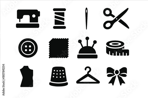 Sewing Icon Set. Sewing projects. Solid icon set of sewing projects: sewing machine, thread spool, needle, scissors, button, fabric, pin cushion, measuring