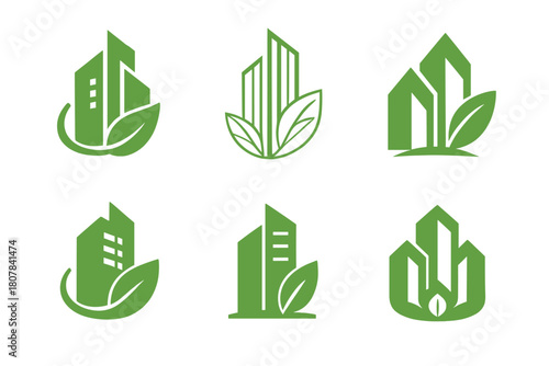 Sustainable Building Icons. Energy-efficient buildings. Icon set. Set Logo of energy-efficient buildings: modern architectural structure symbolizing