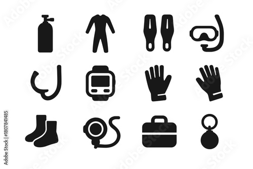 Dive Shop Icons. Dive shop items. Solid icon set of Dive shop items: scuba tank, wetsuit, fins, snorkel, mask, dive computer, gloves, booties, regulator, bag,