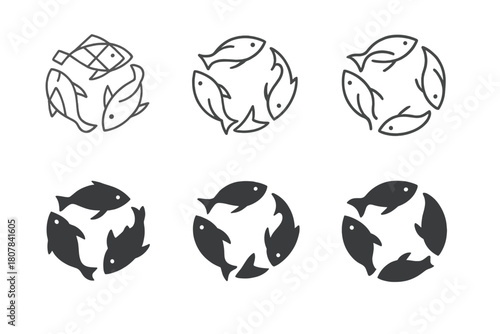 Sustainable Fishing Icons. Sustainable fishing. Icon set. Set Logo of sustainable fishing: reef protection icon. harmonious logo variations of the same