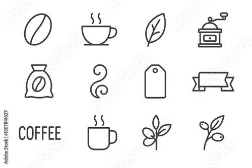 Coffee Icon Collection. Coffee design concepts. Line icon set of coffee design concepts: coffee bean, cup, steam, leaf, grinder, sack, aroma swirl, label tag,