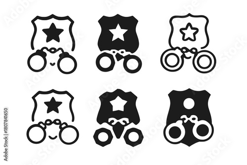 Police Arrest Icons. Person Arrested on Suspicion of Crime. Icon set. Set Logo of Arrest Scene: police badge and cuffs. harmonious logo variations of the same