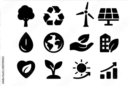 Environmental Icons Grid. Environmental responsibility. Solid icon set of Environmental responsibility: tree, recycling symbol, solar panel, wind turbine,