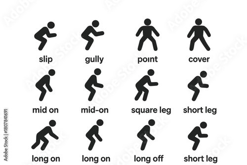 Cricket Field Icons. Cricket Field Positions. Solid icon set of Cricket Field Positions: slip, gully, point, cover, mid off, mid on, square leg, fine leg,