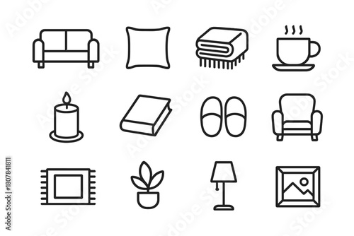 Home Comfort Icons. Home Comfort. Line icon set of Home Comfort: sofa, pillow, blanket, tea cup, candle, book, slippers, rug, armchair, plant, lamp, picture