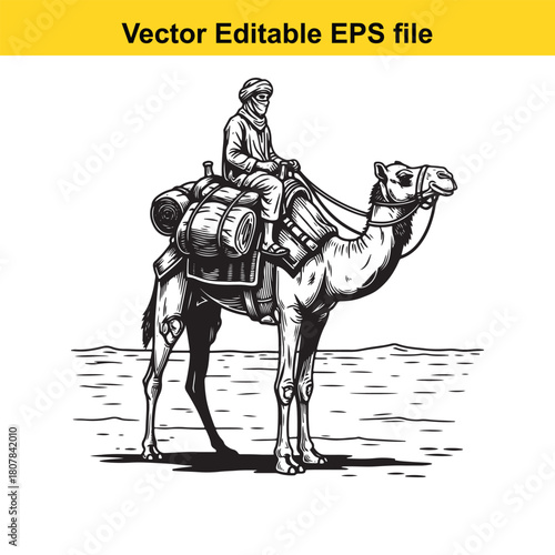 A captivating hand drawn illustration showcases a bedouin riding a camel, traversing the desert landscape, isolated on