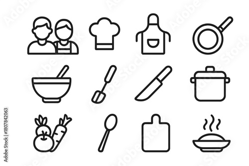 Cooking Icons Grid. Cooking pair. Line icon set of Cooking pair: two people, chef hat, apron, frying pan, mixing bowl, spatula, knife, chopping board, pot,