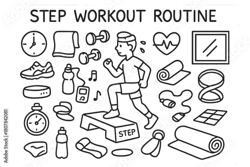 Step Workout Essentials. Step Workout Routine. Hand-drawn doodle illustration Step Workout Routine aerobic step, person exercising, dumbbells, sneakers, towel,