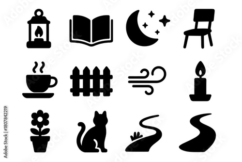 Evening Reading Icons. Evening reading outdoors. Solid icon set of Evening reading outdoors: lantern, open book, crescent moon, stars, chair, tea cup, garden