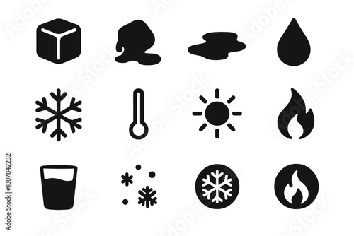 Solid to Liquid Icons. Solid to liquid. Solid icon set of Solid to liquid: ice cube, melting ice, puddle, water droplet, snowflake, thermometer, sun, flame,