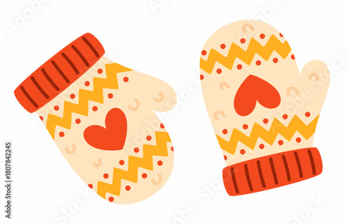 Cute winter mittens with hearts. Cozy patterned mittens.