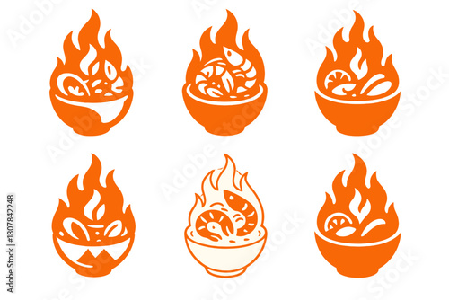 Spicy Seafood Icons. Spicy seafood. Icon set. Set Logo of Spicy Seafood: crab surrounded by fiery elements. harmonious logo variations of the same emblematic