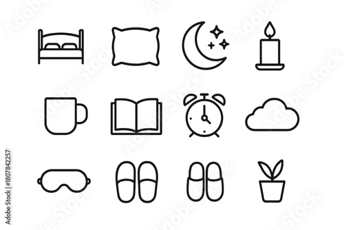 Sleep Essentials Icons. Sleep preparation. Line icon set of sleep preparation: bed, pillow, moon, stars, candle, cup, book, clock, cloud, sleep mask, slippers,