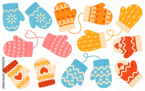 A set of knitted winter mittens. Cozy patterned mittens.