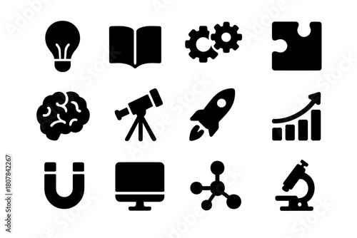Concept Shift Icons. Concept Shift. Solid icon set of Concept Shift: light bulb, book, gears, puzzle piece, brain, telescope, rocket, chart, magnet, computer,
