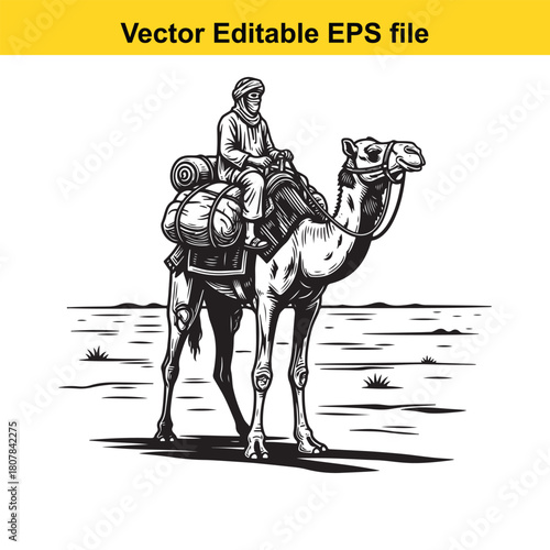 A captivating hand drawn illustration showcases a bedouin riding a camel, traversing the desert landscape, isolated on