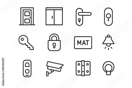 Home Entryway Icons. Home entryways. Line icon set of home entryways: front door, sliding door, handle, key, lock, mat, doorbell, security camera, light,