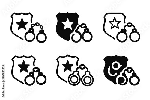 Police Arrest Icons. Person Arrested on Suspicion of Crime. Icon set. Set Logo of Arrest Scene: police badge and cuffs. harmonious logo variations of the same