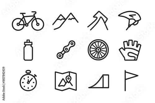 Mountain Biking Icons. Mountain biking. Line icon set of mountain biking: mountain bike, uphill trail, downhill trail, biker helmet, water bottle, chain,