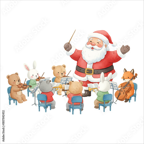 Santa Claus Conducting Orchestra Watercolor Vector Isolated on White Background
