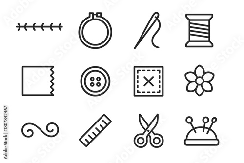 Decorative Stitch Icons. Decorative stitching. Line icon set of decorative stitching: stitch line, embroidery hoop, needle, thread spool, fabric, button,