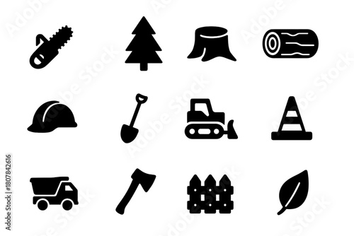 Forestry Tools Icons. Forestry clearing. Solid icon set of forestry clearing: chainsaw, tree, stump, wood log, helmet, shovel, bulldozer, cone, truck, axe,