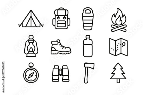 Camping Icons Set. Camping trip. Line icon set of Camping trip: tent, backpack, sleeping bag, campfire, lantern, hiking boots, water bottle, map, compass,