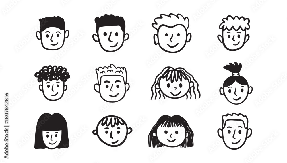 Naklejka premium Kids faces portraits set. freehand kids pencil drawing elements. Comic child funny doodle faces set.