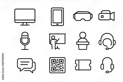 Digital Trade Icons. Digital trade booths. Line icon set of Digital trade booths: computer monitor, tablet, VR headset, video camera, microphone, presentation