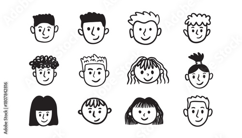 Kids faces portraits set. freehand kids pencil drawing elements. Comic child funny doodle faces set.