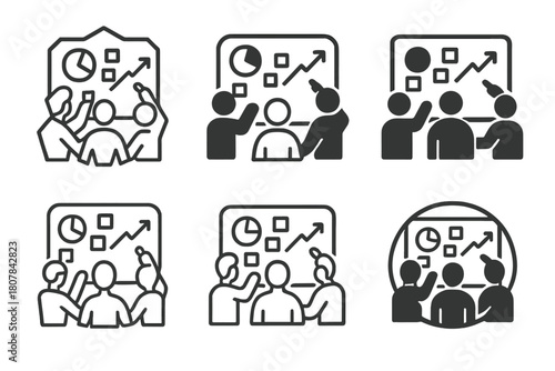 Business Planning Logos. A business team using a whiteboard for planning a new project. Icon set. Set Logo of business planning: collaborative meeting with