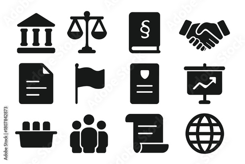 Governance Icon Set. Governance. Solid icon set of Governance: government building, scales of justice, law book, handshake, document, flag, policy paper,