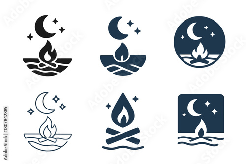 Beach Bonfire Icons. Beach bonfire gatherings. Icon set. Set Logo of Beach bonfire gatherings: Toasting marshmallows. harmonious logo variations of the same