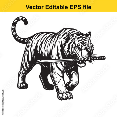 A majestic tiger strides forward, a katana clenched in its jaws, embodying strength and determination isolated on