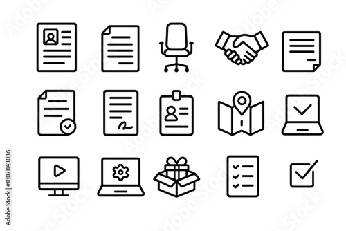 Onboarding Icons Collection. Hiring and onboarding. Line icon set of hiring and onboarding: resume, cover letter, interview chair, handshake, offer letter,