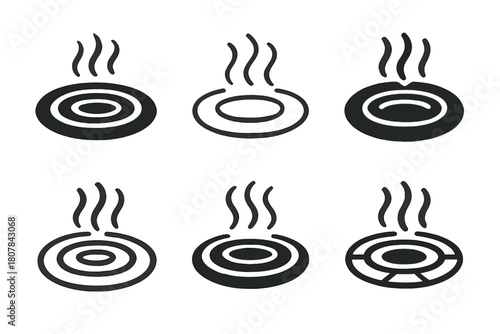 Hot Spring Family Adventure. A family exploring a natural hot spring in a remote mountain area. Icon set. Set Logo of Hot Spring Pool: Circular spring with