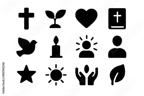 Spiritual Icons Collection. Spiritual growth. Solid icon set of spiritual growth: cross, plant sprout, heart, bible, dove, candle, light rays, person, hands,