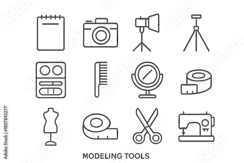 Modeling Tools Icons. Modeling tools. Line icon set of Modeling tools: sketchbook, camera, lighting, tripod, makeup kit, hairbrush, mirror, measuring tape,