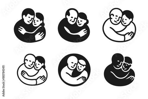 Family Care Logo Variations. elderly care within the family unit. Icon set. Set Logo of elderly care within the family unit: warm family embrace. harmonious