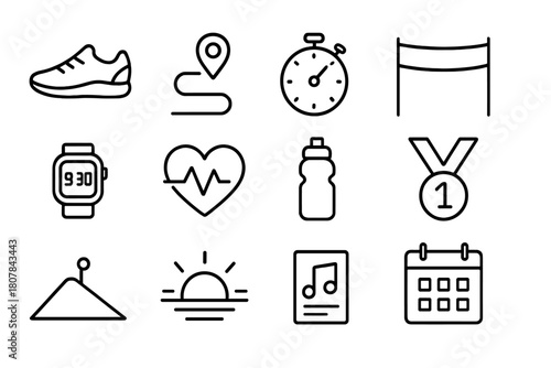 Running Icons Collection. Running motivation quotes. Line icon set of running motivation quotes: running shoe, route map pin, stopwatch, finish line banner,