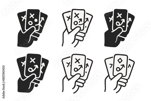 Strategy Game Icons. Engaging in a strategy game. Icon set. Set Logo of engaging in a strategy game: player hand holding tactical cards. harmonious logo