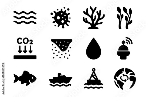 Ocean Sequestration Icons. Ocean carbon sequestration. Solid icon set of Ocean carbon sequestration: ocean waves, plankton, coral reef, kelp forest, carbon