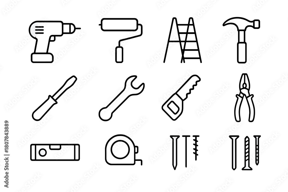 Obraz premium Home Improvement Tools. Home improvement. Line icon set of Home improvement: drill, paint roller, ladder, hammer, screwdriver, wrench, saw, pliers, level, tape