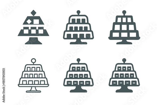 Logo Variations Grid. Product table display. Icon set. Set Logo of product table display: tiered stand with neatly arranged merchandise. harmonious logo