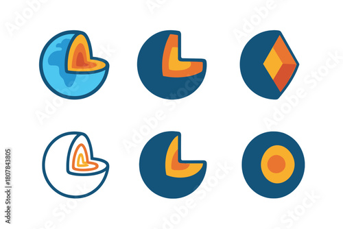 Earth Layers Icons. Earth layers. Icon set. Set Logo of earth layers: cross-section of Earth showing crust, mantle, and core. harmonious logo variations of the