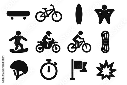 Extreme Sports Icons. High-Risk Activities. Solid icon set of High-Risk Activities: parachuting, rock climbing, base jumping, skydiving, motocross, bungee
